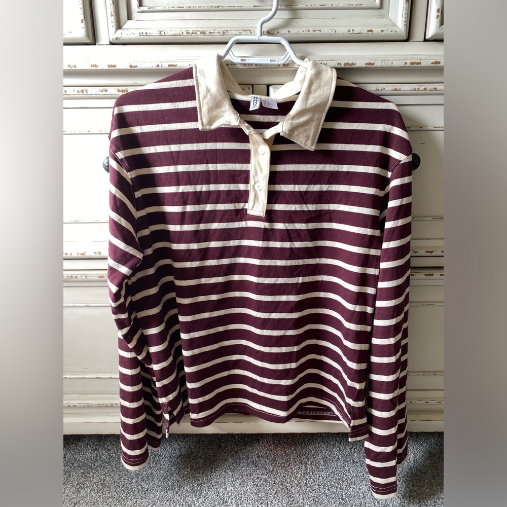 H&M 100% Cotton Striped Long-Sleeve Oversized Polo Shirt Burgundy & Cream (S)
